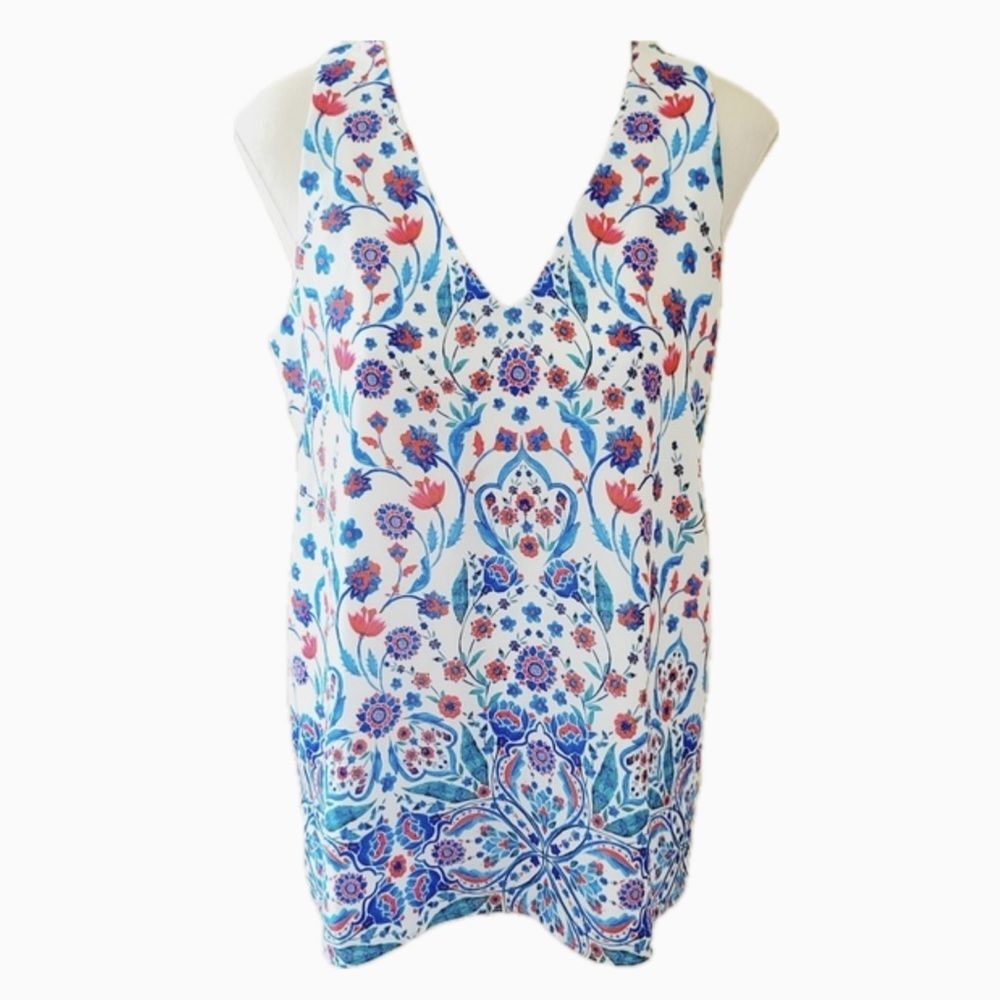 Adrienne Vittadini white floral blouse sleeveless top Size L